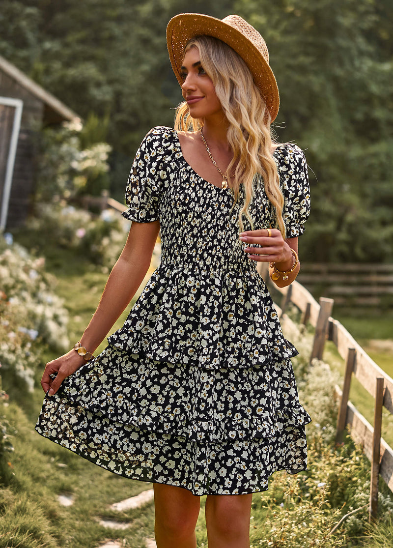 Moment in Daisy Smocked Mini Dress - Black