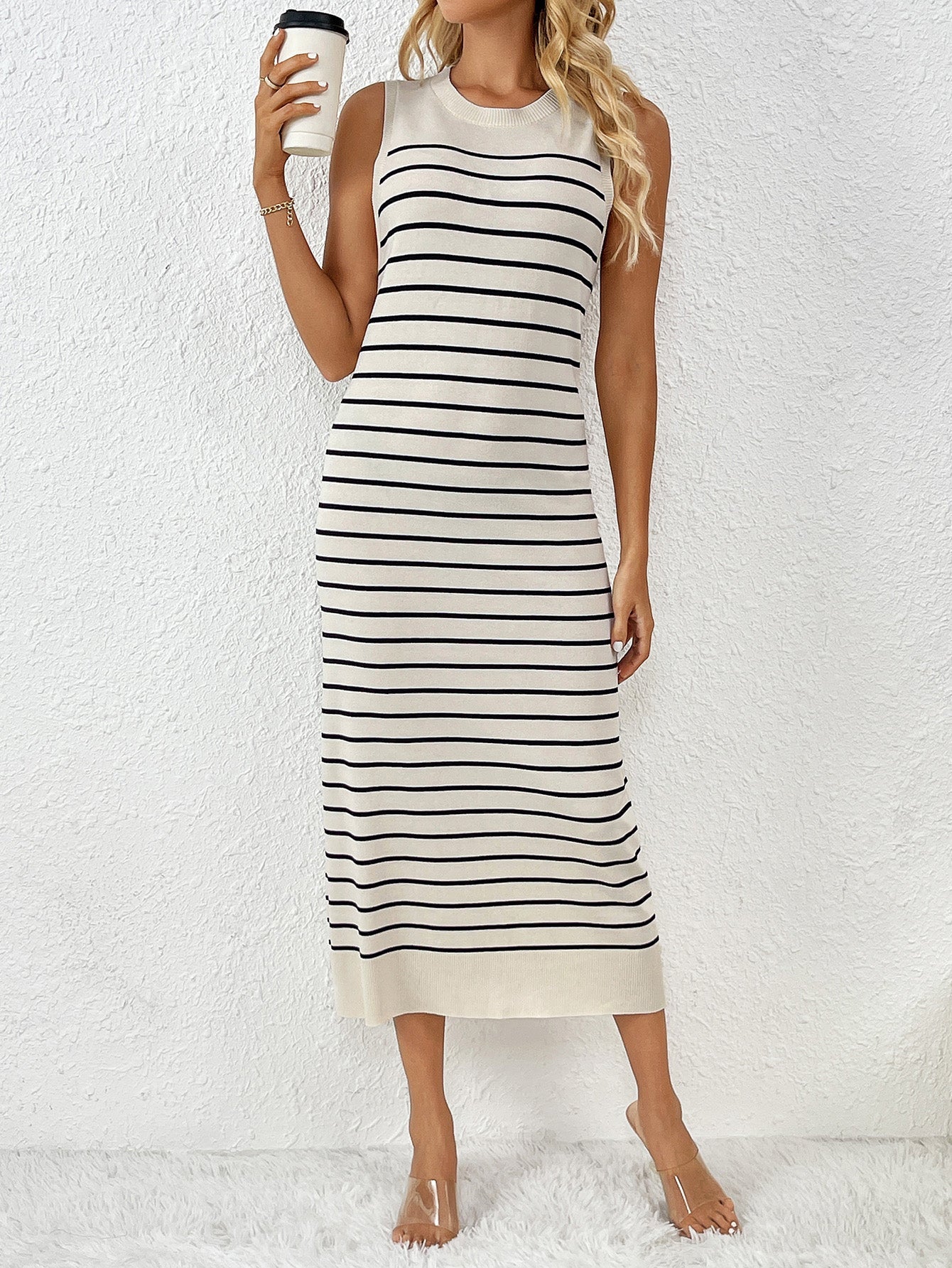 Dancing on Air Striped Knit Midi Dress - Black
