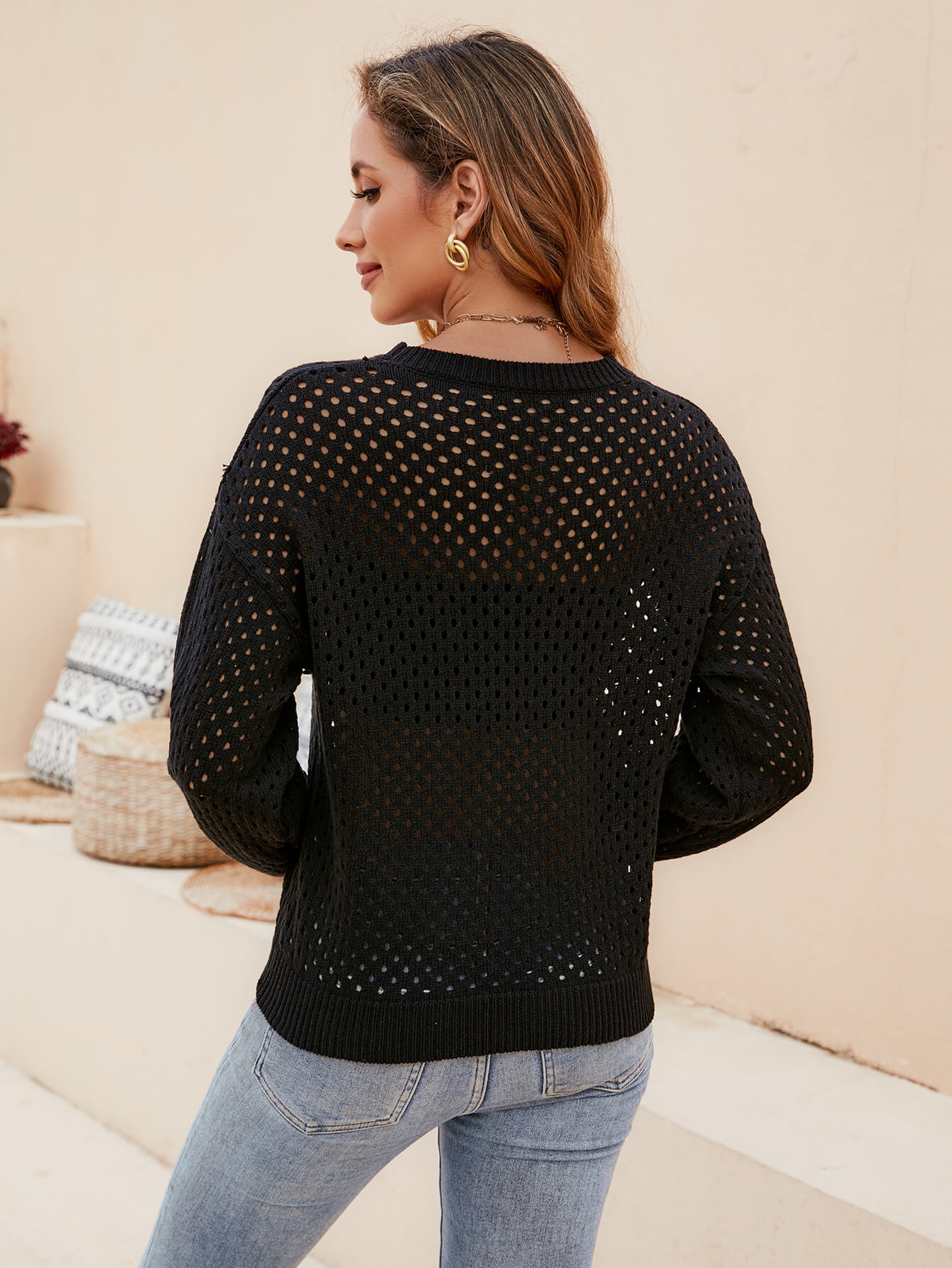 Izzy Crochet Knit Pullover Sweater - Black