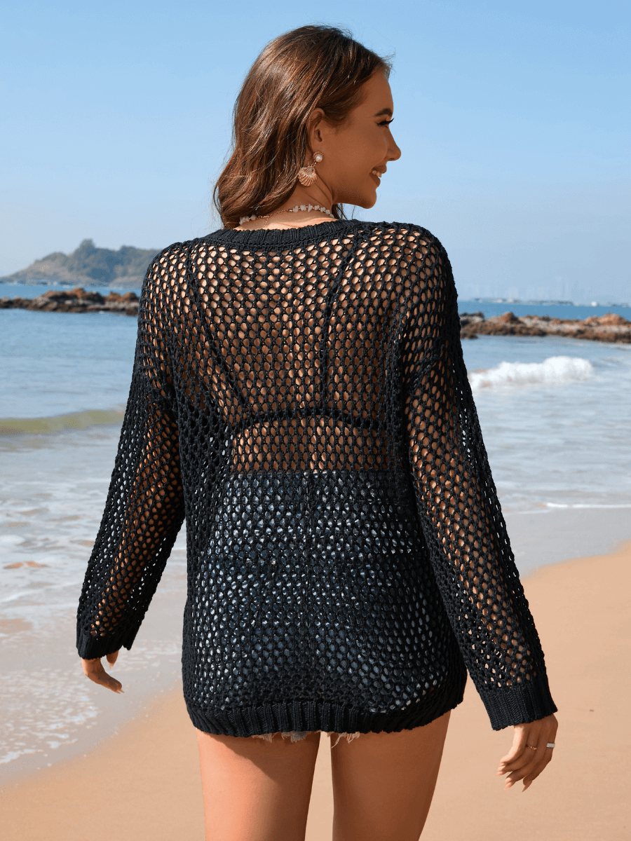 Vacation Star Cover-up Crochet Knit Sweater - Black
