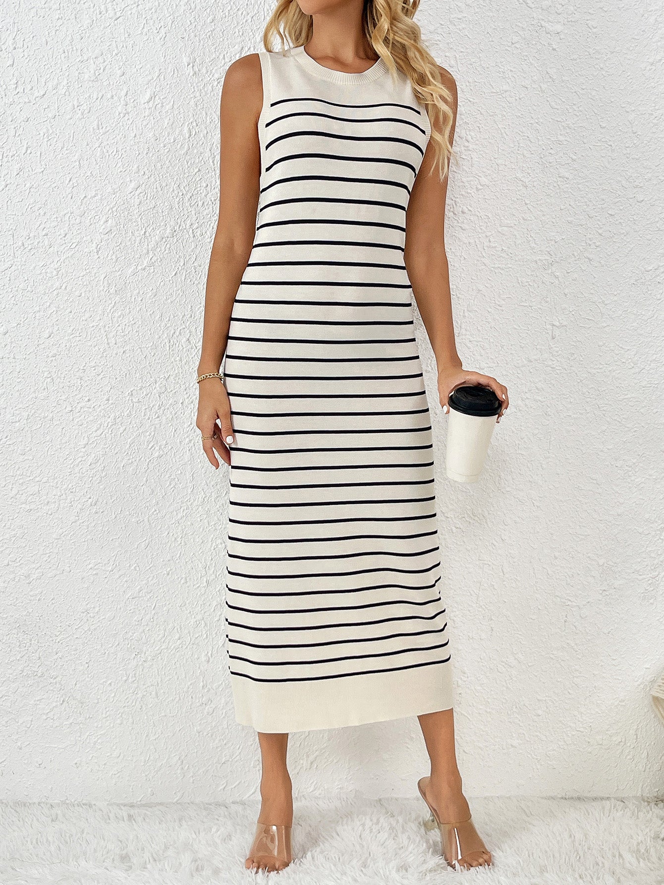 Dancing on Air Striped Knit Midi Dress - Black