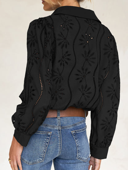 Miley Perforated Long Sleeve Blouse - Black