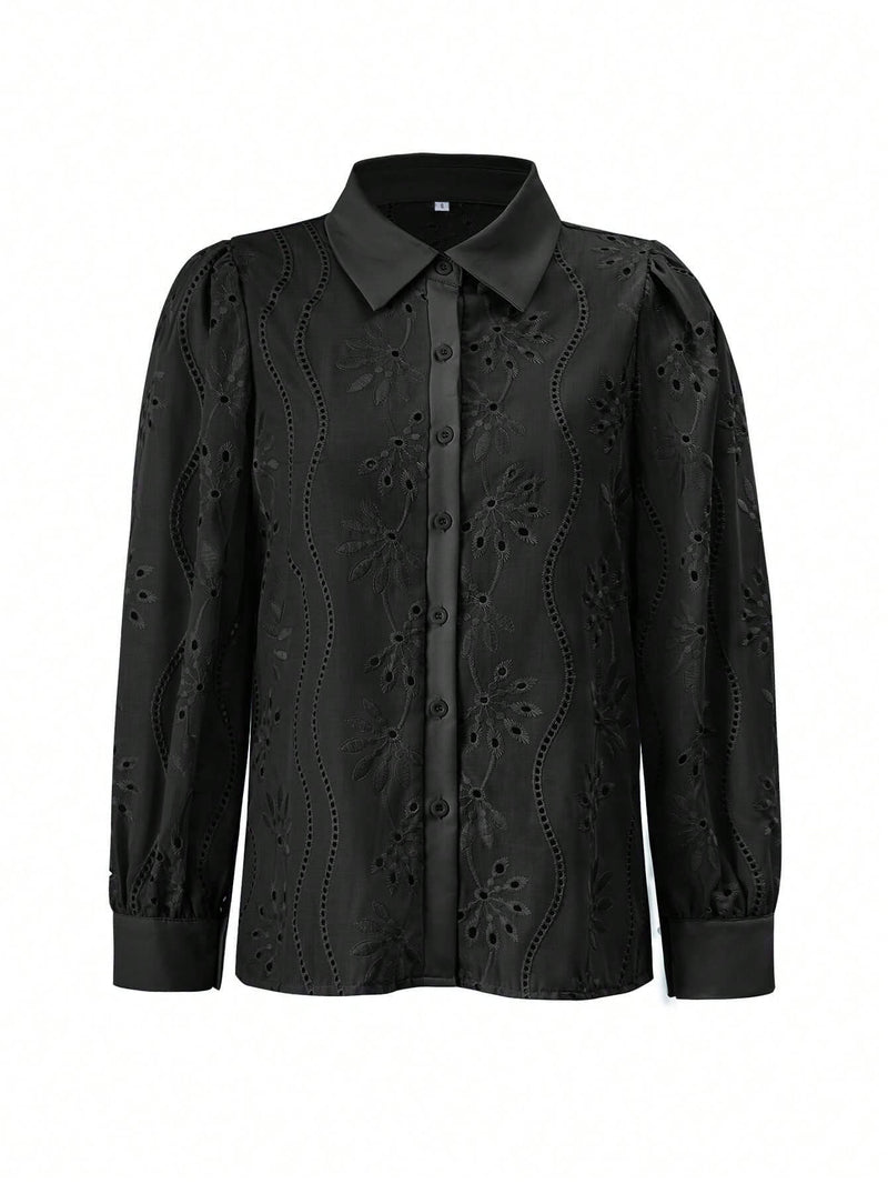 Miley Perforated Long Sleeve Blouse - Black