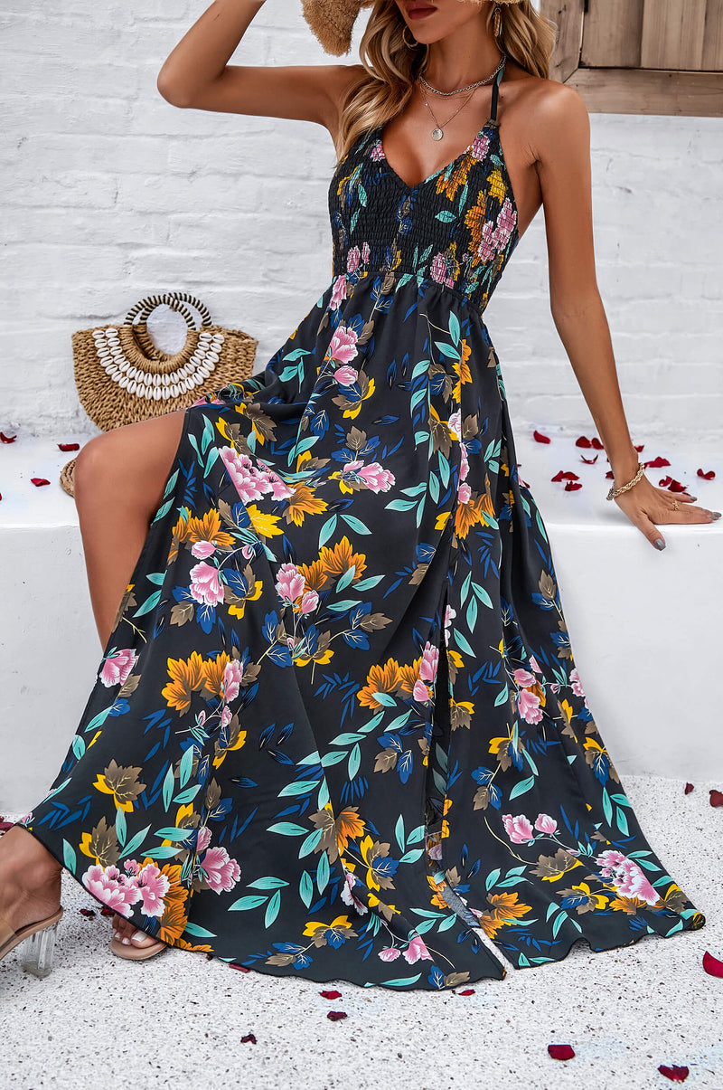 Hawaii Print Tie Back Halter Maxi Dress - Black