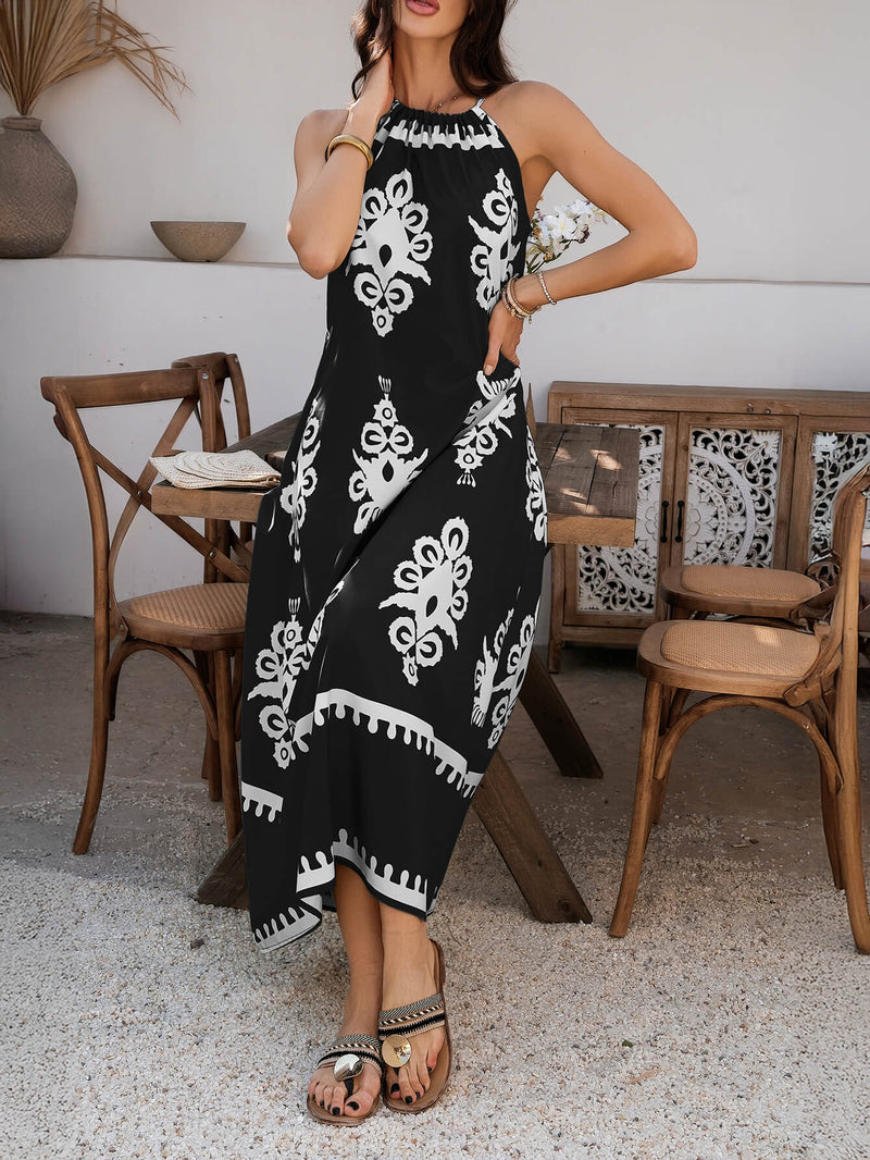 Indy Abstract Halter Neckline Maxi Dress - Black