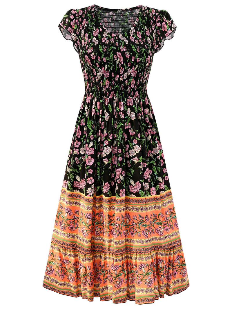 Ashlyn V-neck Tiered Midi Dress - Black
