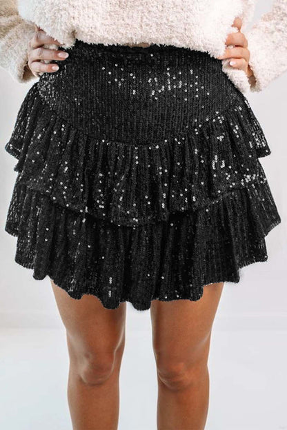 Sequined Pleated Tiered Mini Skirt