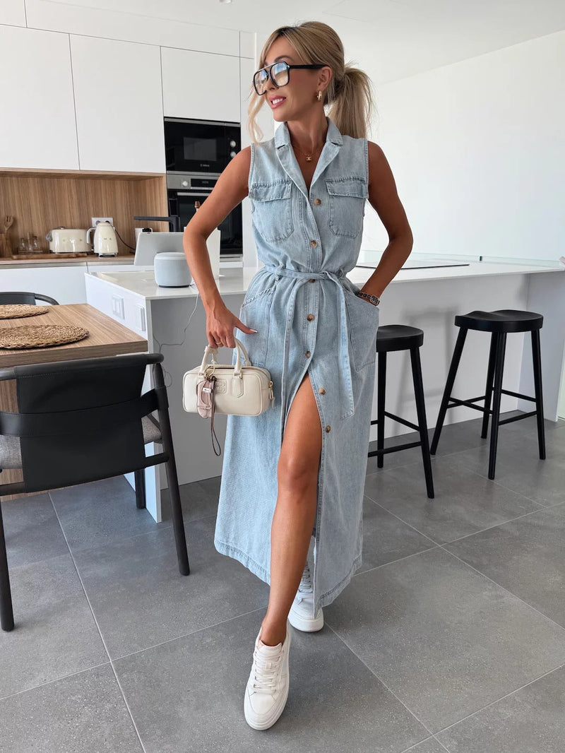 Sierra Serenade Denim Maxi Dress - Blue