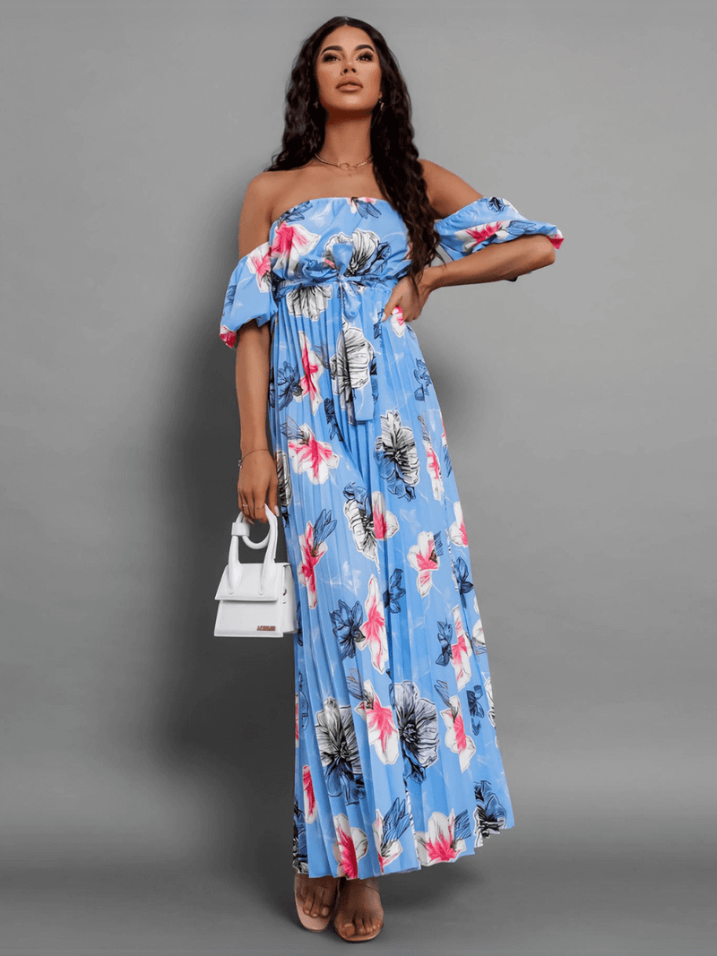 Rosalie Off the Shoulder Plisse Maxi Dress - Blue