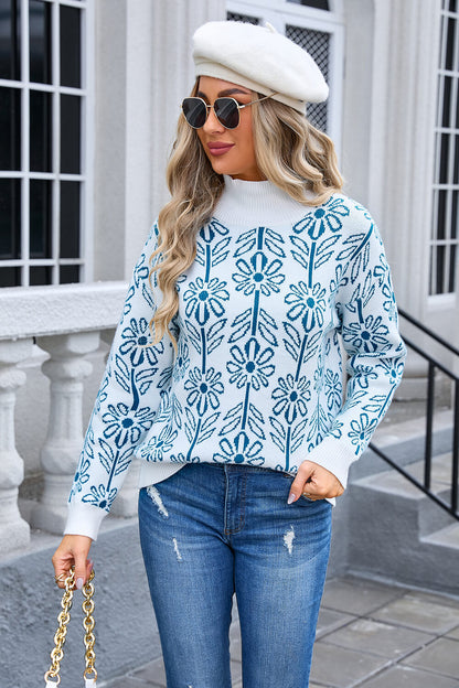 Fall in Flower Mockneck Sweater - Blue