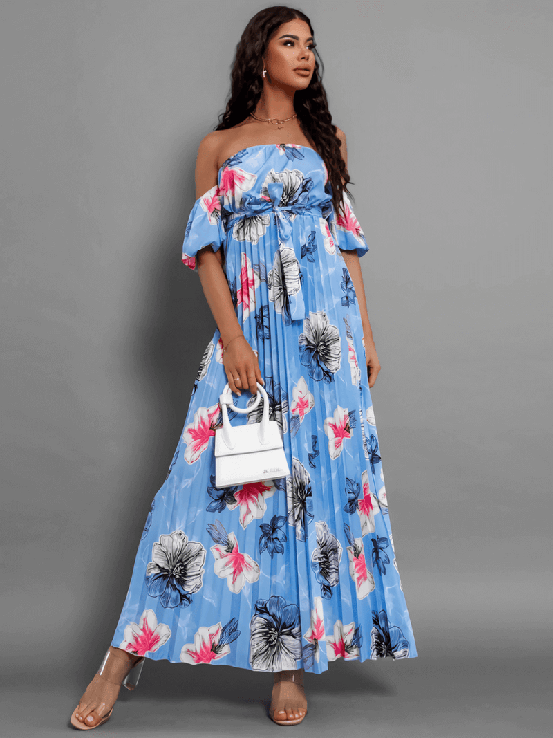 Rosalie Off the Shoulder Plisse Maxi Dress - Blue