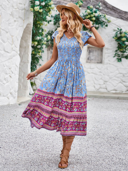 Ashlyn V-neck Tiered Midi Dress - Blue