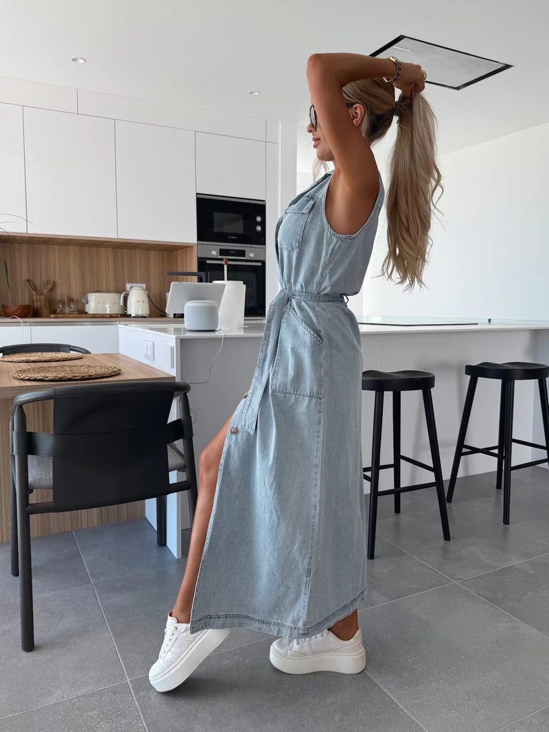 Sierra Serenade Denim Maxi Dress - Blue