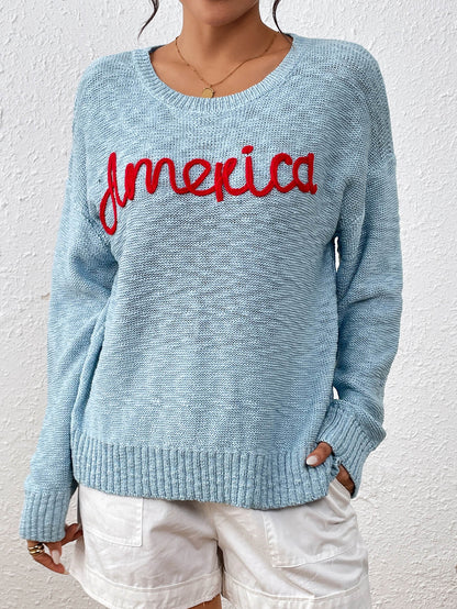 America Mom Knit Pullover Sweater - Blue