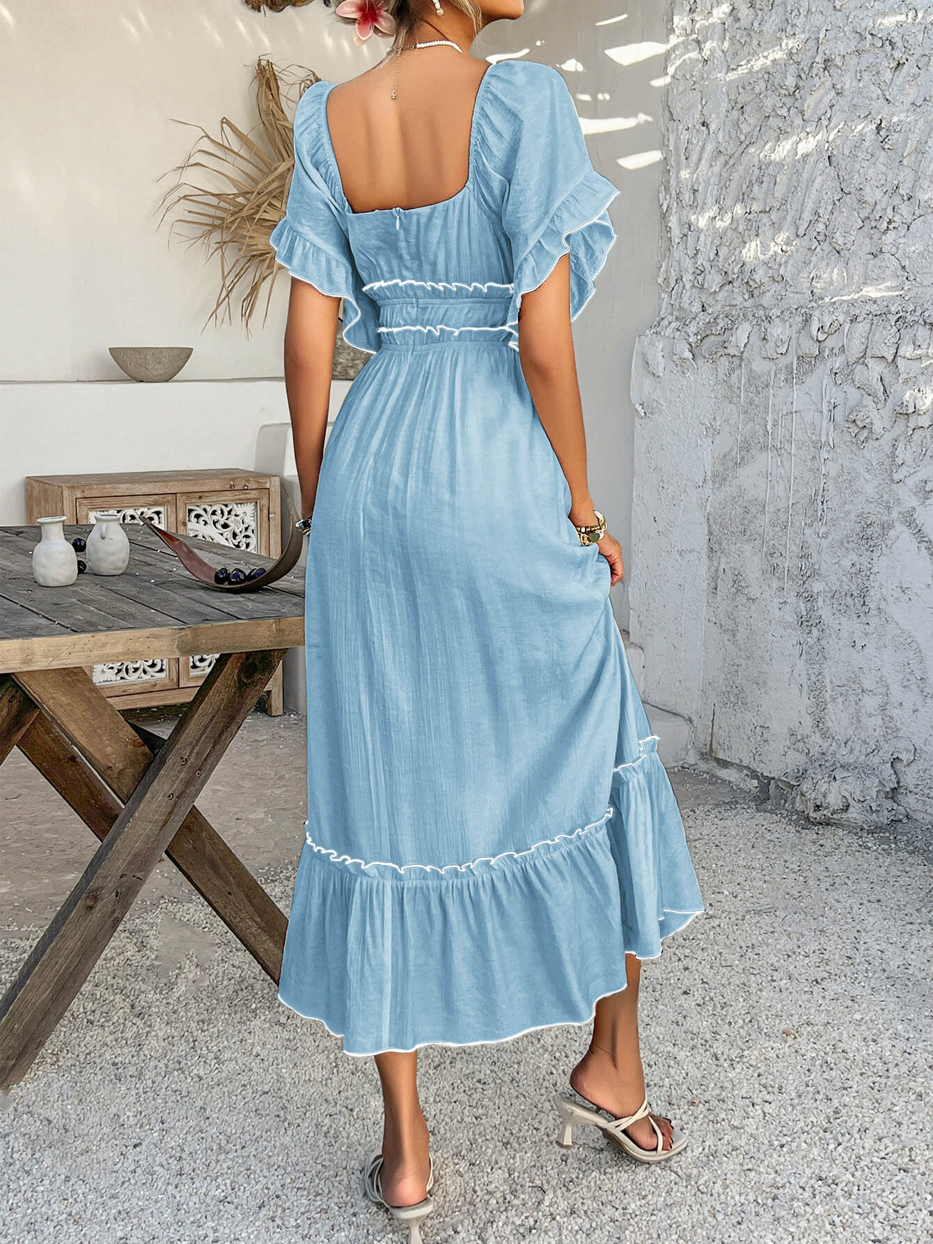 Aubrianna Ruched Contrast Trim Maxi Dress - Blue