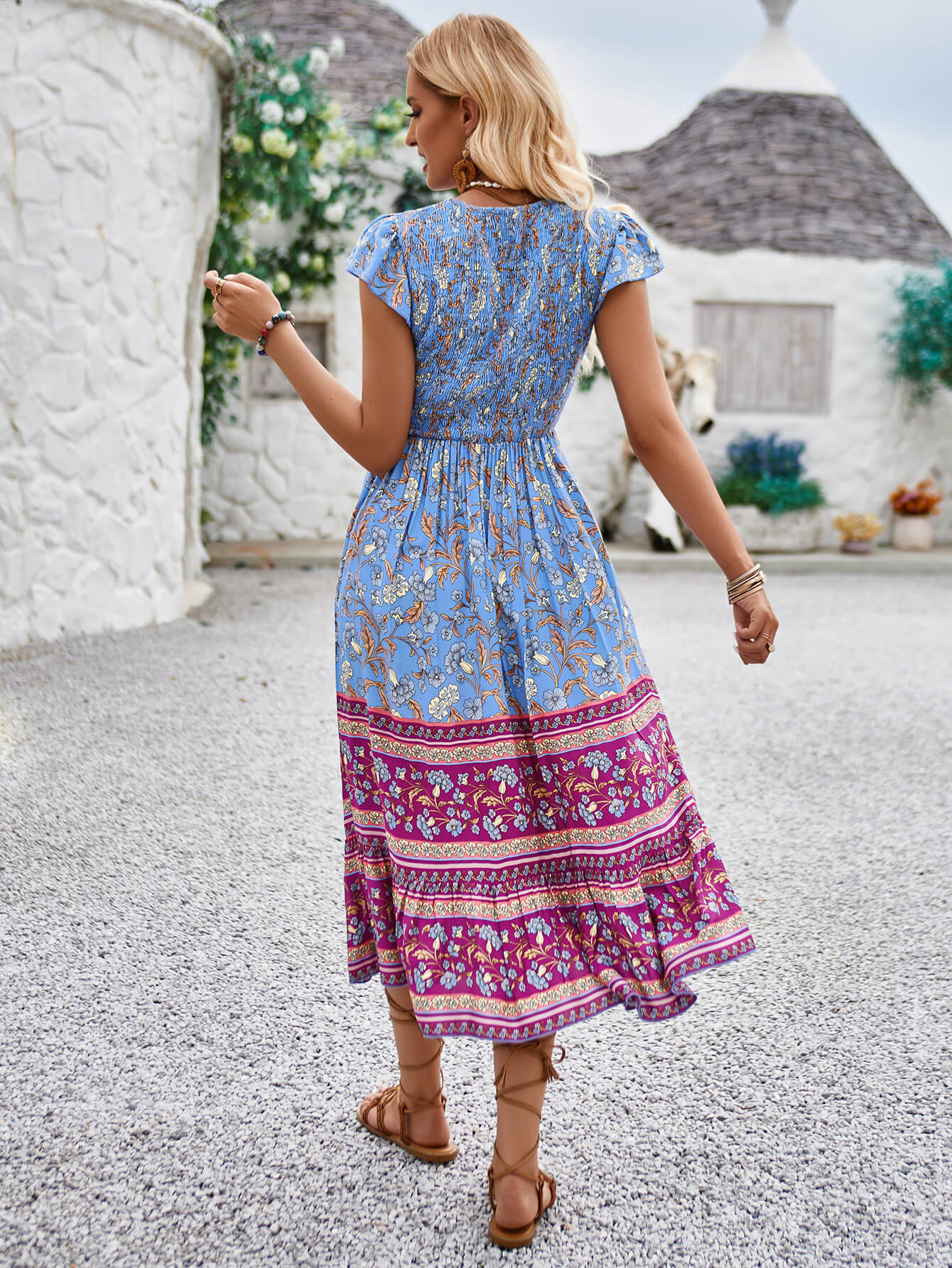 Ashlyn V-neck Tiered Midi Dress - Blue