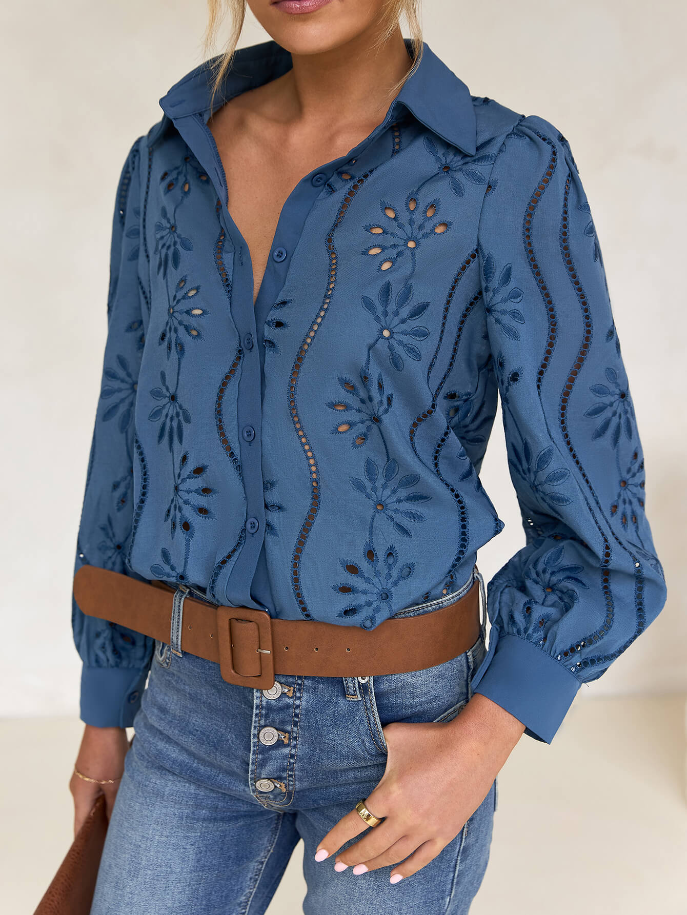 Miley Perforated Long Sleeve Blouse - Blue