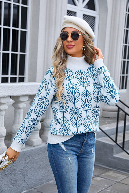 Fall in Flower Mockneck Sweater - Blue