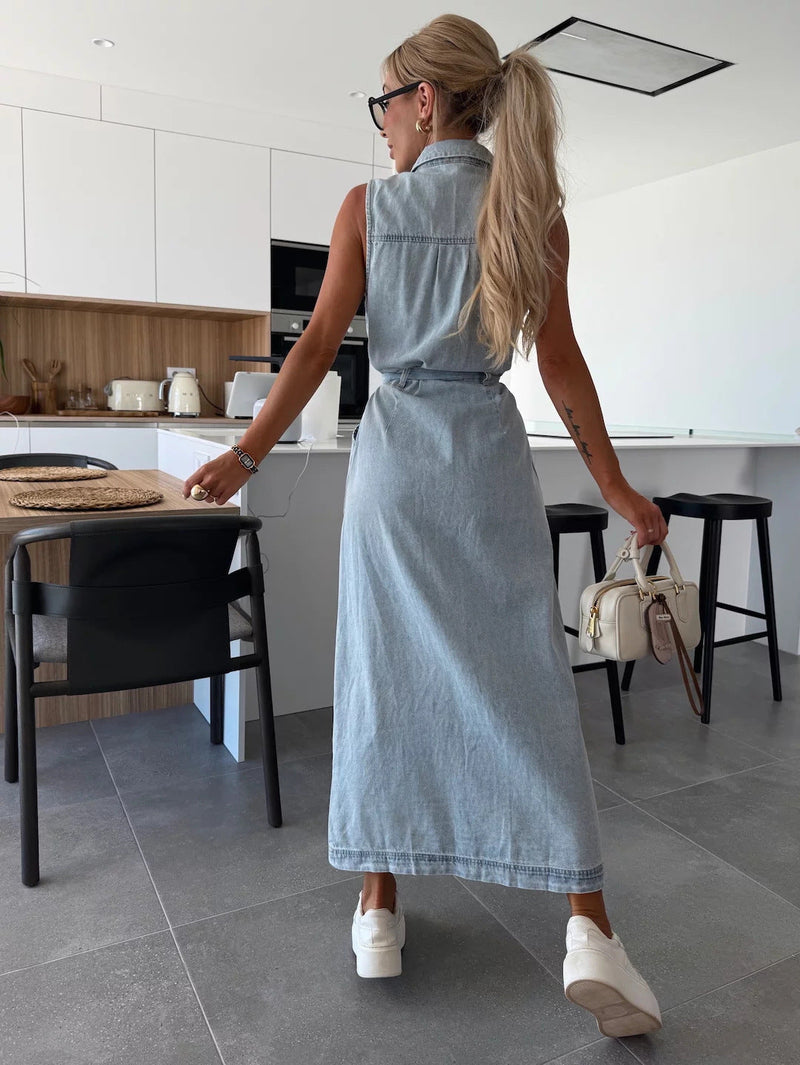 Sierra Serenade Denim Maxi Dress - Blue