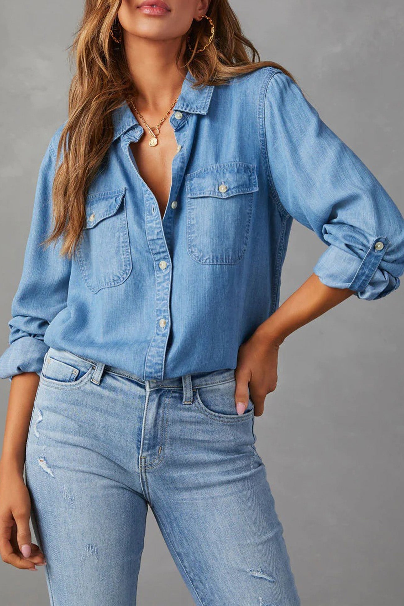 Long Sleeve Button-up Denim Blouse