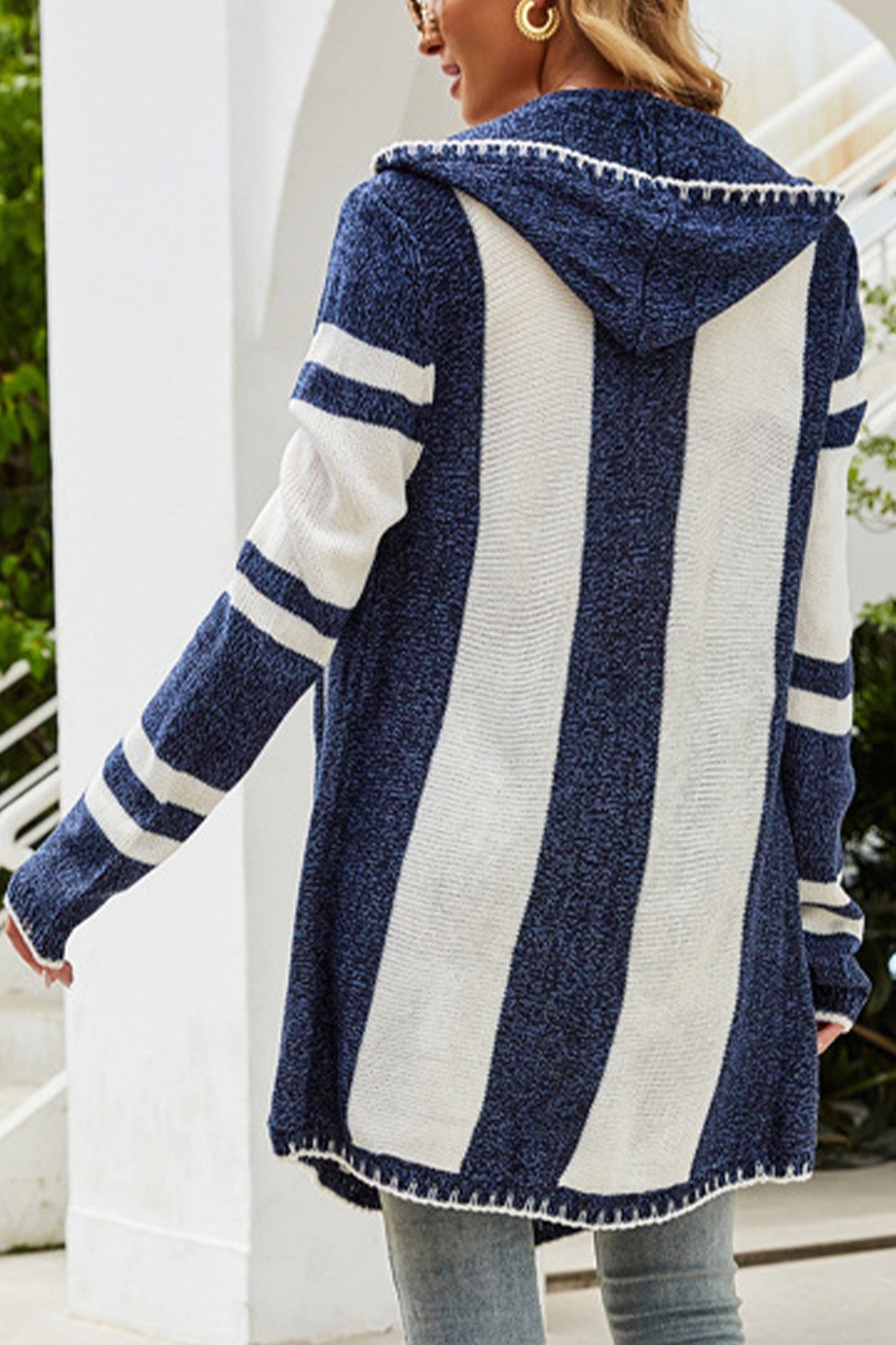 Striped Contrast Hooded Irregular Mid-length Cardigan