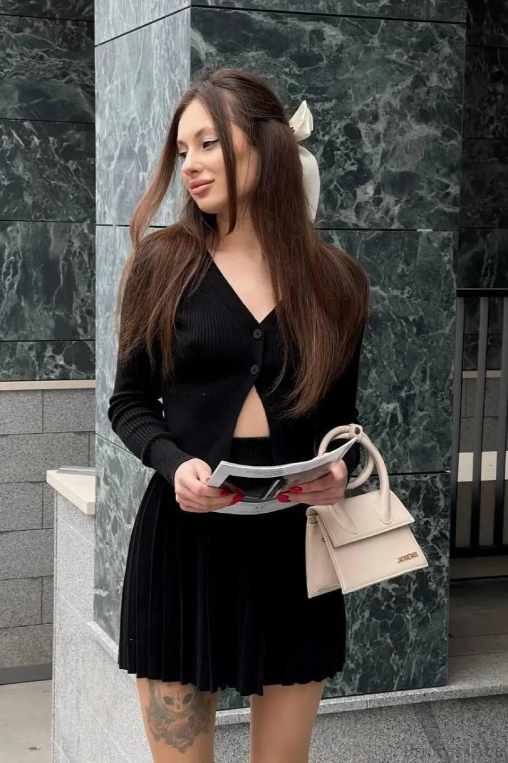 Bodycon Cropped Knit Pleated Two Piece Set