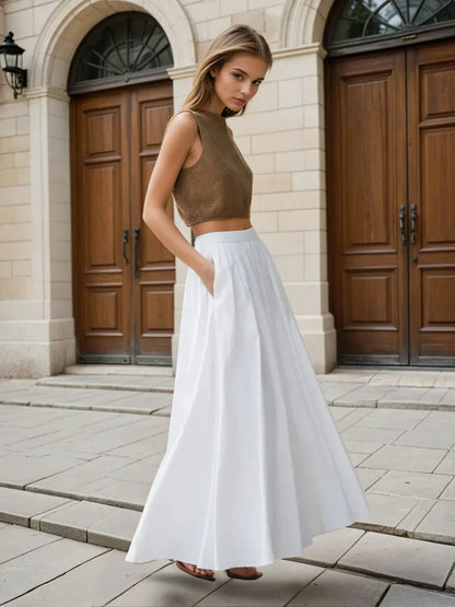 High Waist All-matching Linen Pleated Maxi Skirt