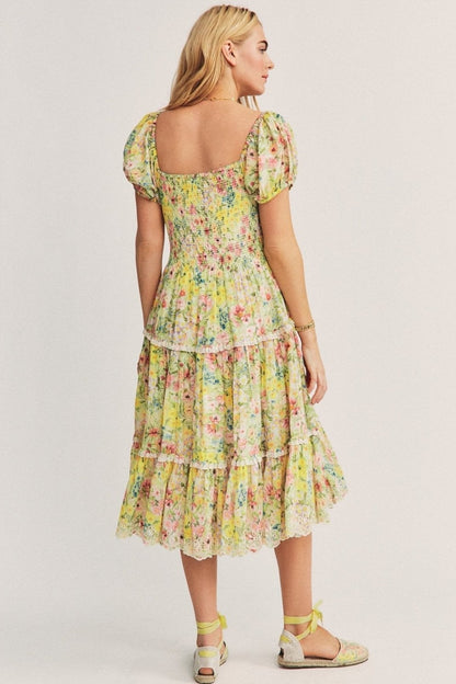 Brianna Printed Lace Trimed Midi Dress