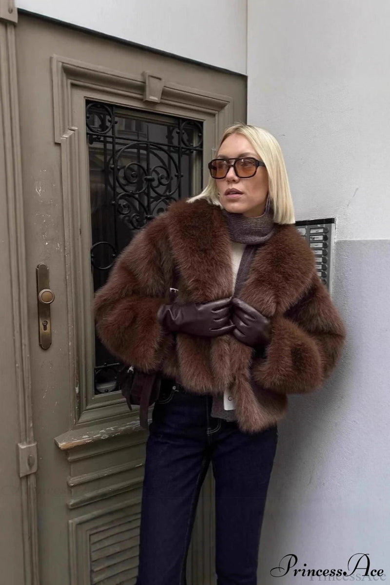 Brown Old Money Faux Fox Fur Short Coat