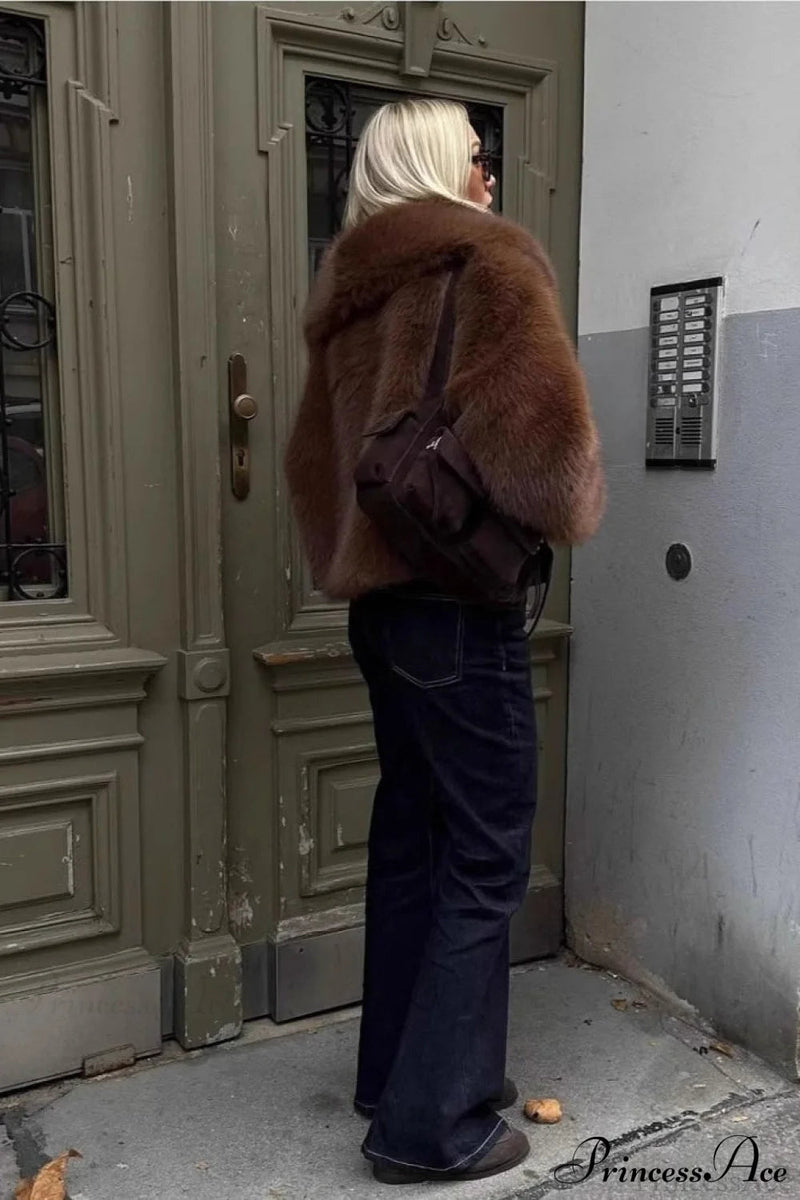 Brown Old Money Faux Fox Fur Short Coat