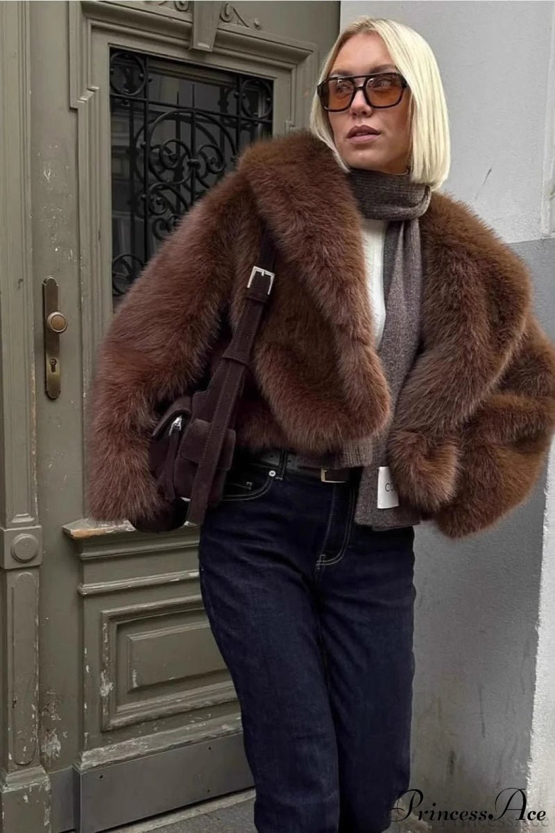 Brown Old Money Faux Fox Fur Short Coat