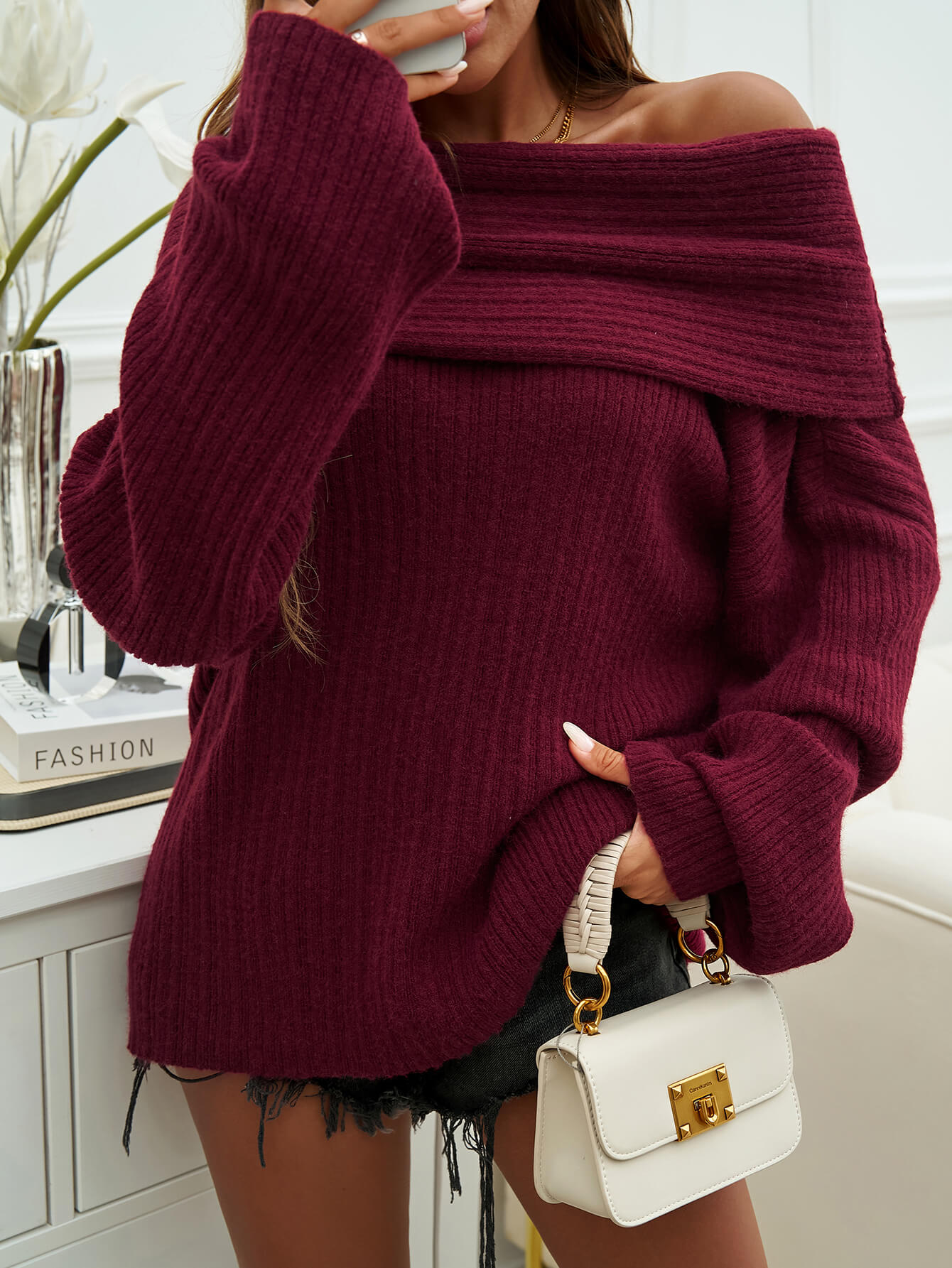 Coffee Run Off the Shoulder Sweater - Burgundy