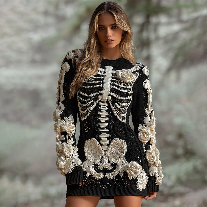 Women's Halloween Skeleton Bones With White Rose Art Hot Sexy Style Cozy Knit Mini Sweater Dress elevenforest