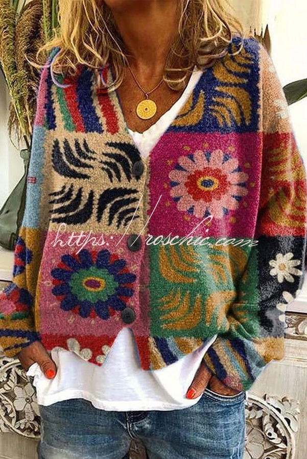 Fun and Long Sleeved Cardigan With Fun Printed Buttons