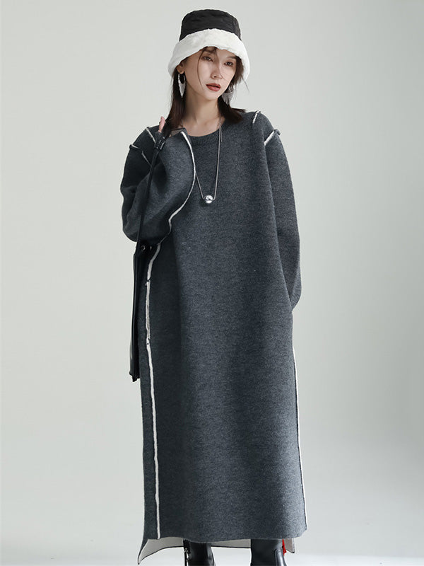 Long Sleeves Loose Color Round-neck Sweater Dresses