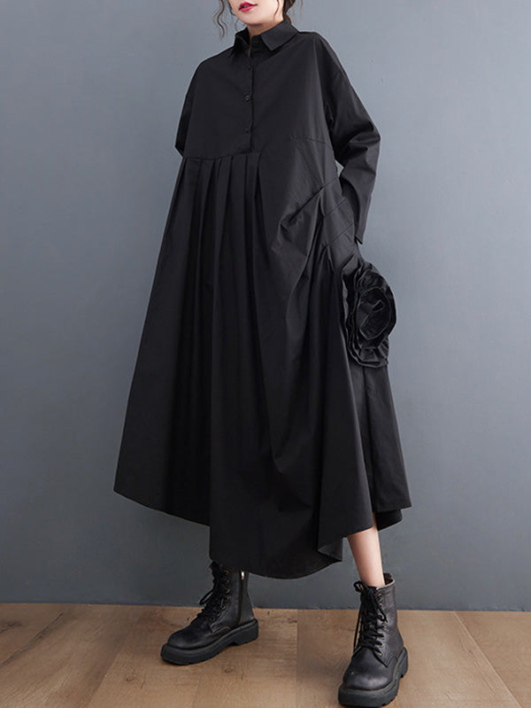 Urban Applique Pleated Long Sleeves Shirt Dress Midi Dress