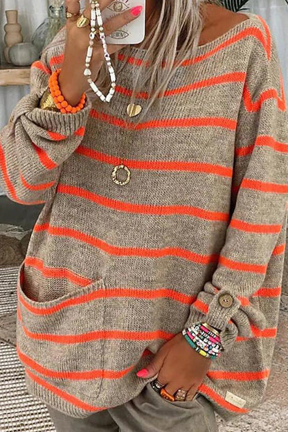 Color Contrast Stripe Pullover Round Neck Loose Sweater
