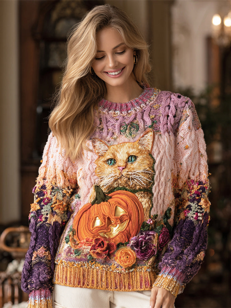 Thanksgiving Pumpkin & Cat Ombre Women's Knit Sweater