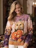 Comstylish Thanksgiving Pumpkin & Cat Ombre Women's Knit Sweater