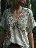 Bohemian Silver Flower Embroidery V-neck Short-sleeved Shirt elevenforest