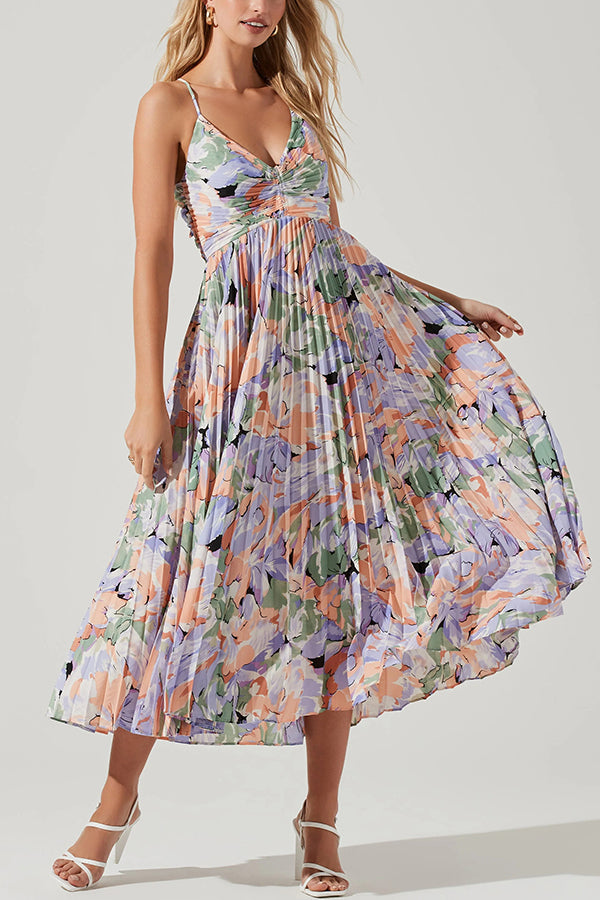 Wedding Party Season Print Pleated Back Tie-up Midi Dress