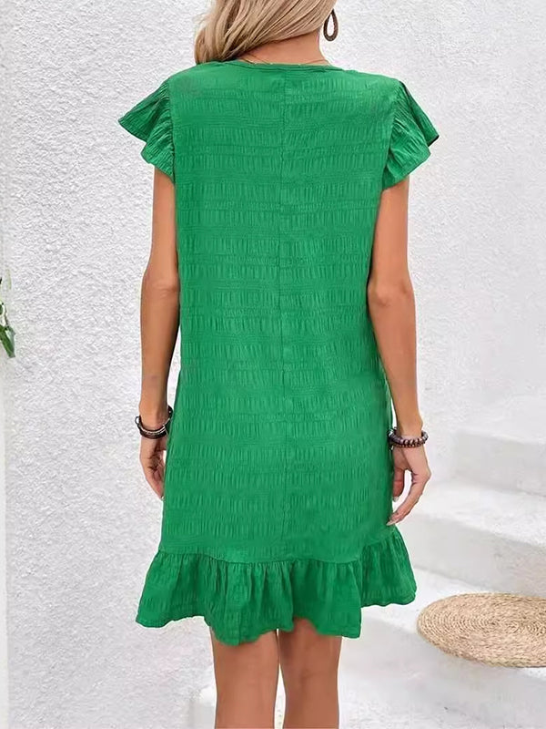 Loose Ruffle Sleeves Pleated Color Split-joint V-neck Mini Dresses