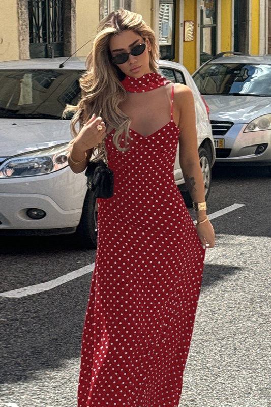 Polka Dot V-neck Backless Cami Maxi Dress