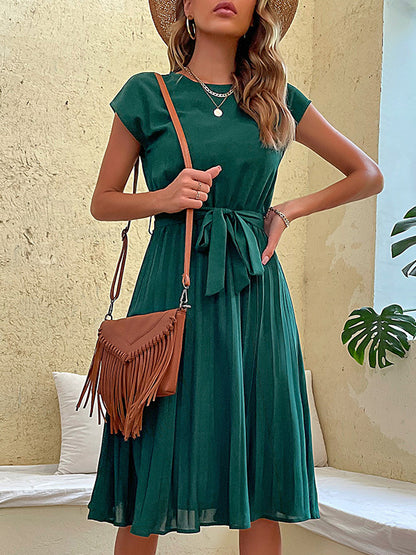 A-line Loose Pleated Color Tied Waist Round-neck Midi Dresses