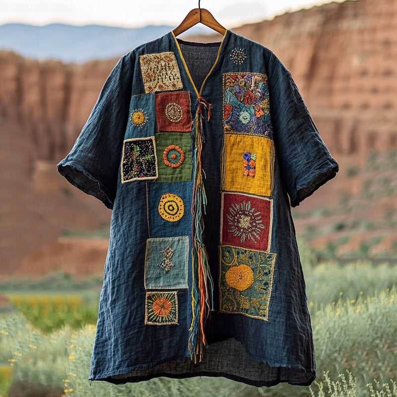 Men's Vintage Embroidered Patchwork Short Sleeve Linen T-shirt elevenforest