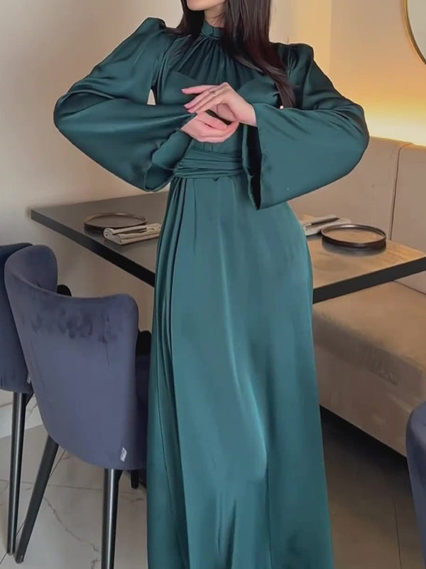 Long Sleeves Loose Pleated Color Tied Waist Mock Neck Maxi Dresses