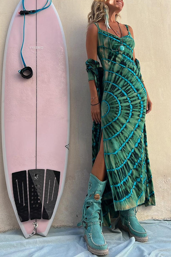 Tie-dye Print Cowl Neck Stretch Slit Midi Dress