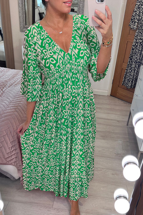 Print V-neck Waist Wrap Long Dress