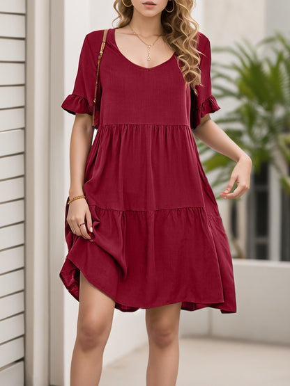 A-line Flared Sleeves Pleated Pockets Ruffled Color Split-joint Round-neck Mini Dresses