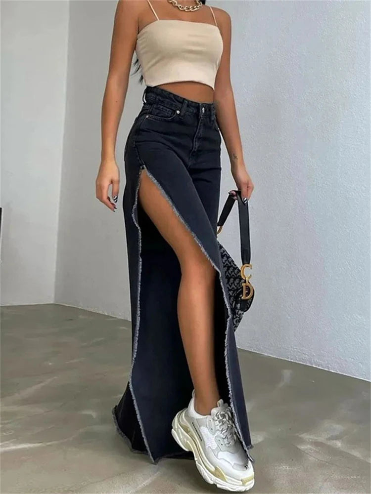 High Waisted Side Split Out Jeans Loose Cargo Black Pants Summer Wide Leg Long Baggy Y2k Jeans